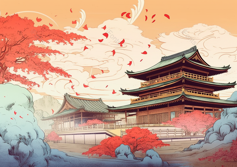 中国风国潮新中式秋季时节古风建筑假山和树木枫树飘散的树叶室外无人的场景背景插画,插画/手绘图,插画/手绘图库,插画/手绘图下载,插画/手绘